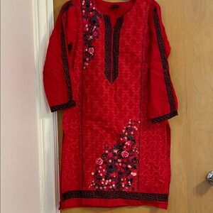 Red Embroidered Long Sleeve Dress